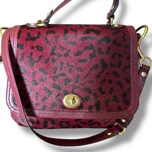 Coach Park Hair Calf Turnlock Flap Satchel Bag Leopard Oxblood Burgundy 2013